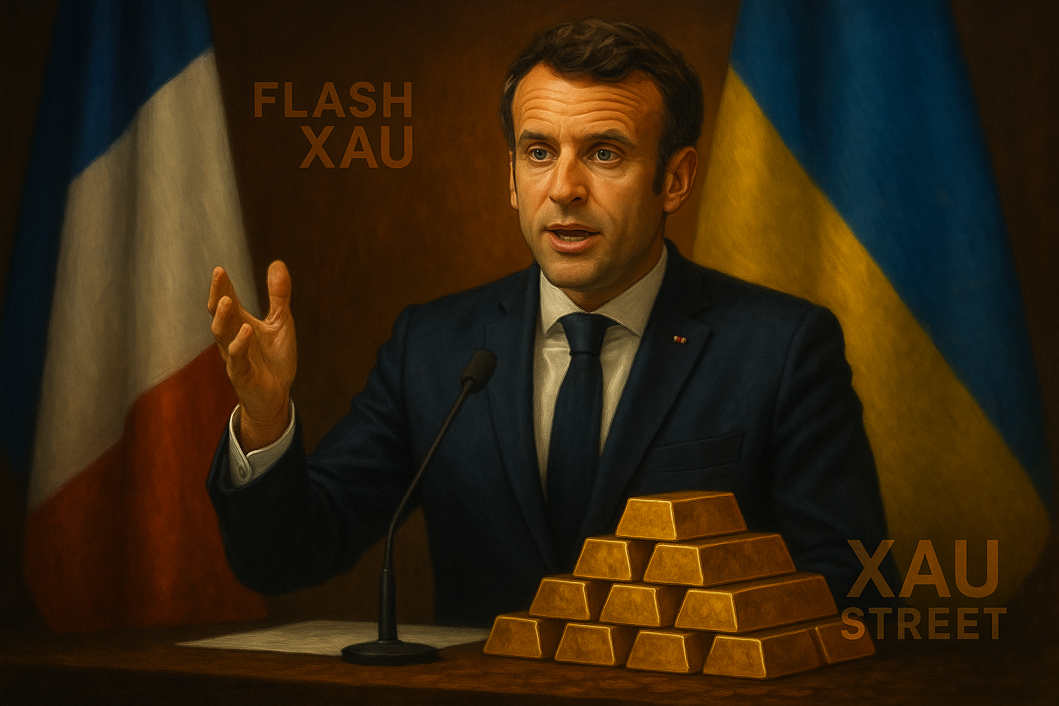 Emmanuel Macron en conférence évoquant le déploiement de troupes en Ukraine, avec lingots d’or symbolisant son rôle refuge