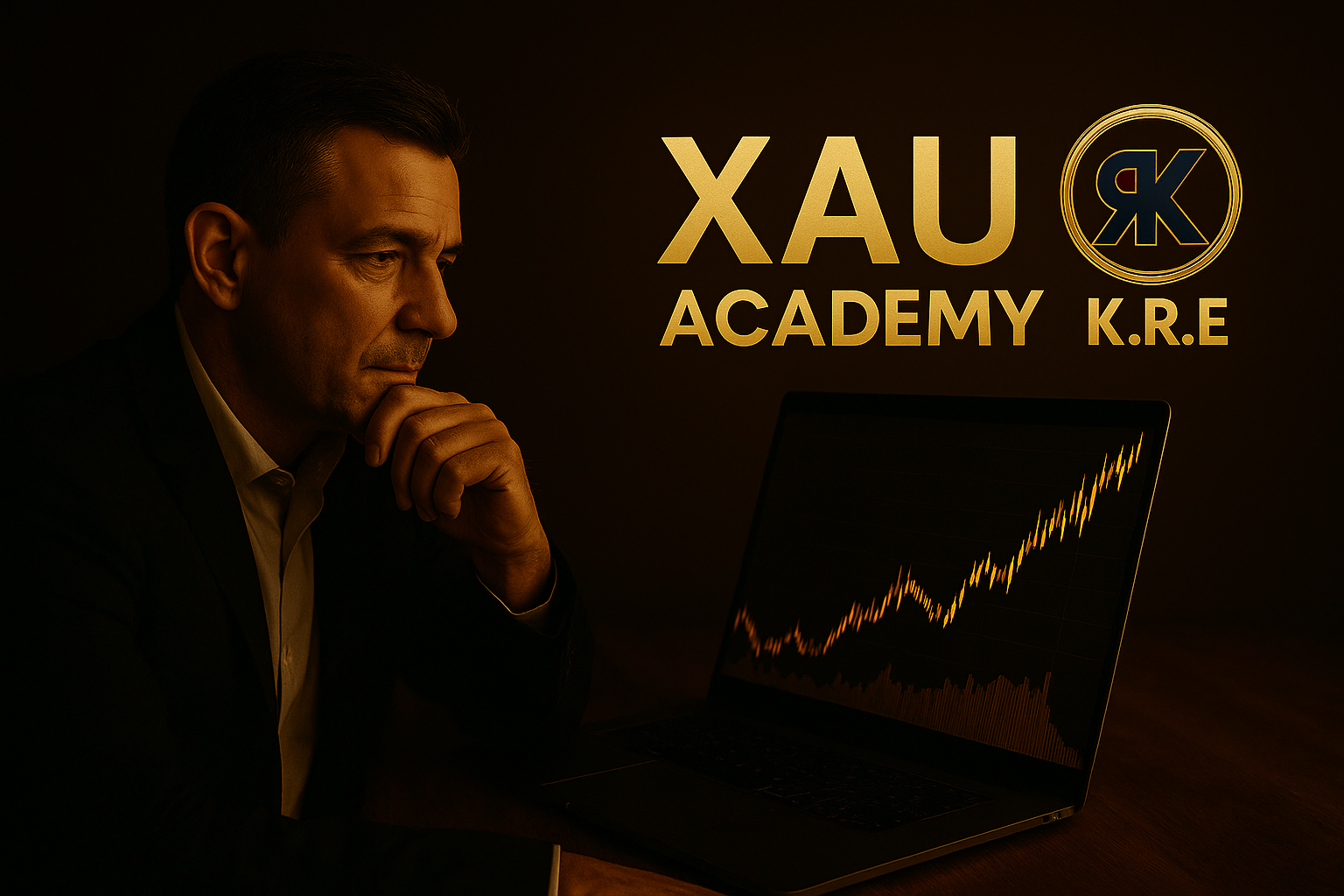Expert du trading or partageant ses secrets, ambiance prestige noir et or – K.R.E et XAU Academy
