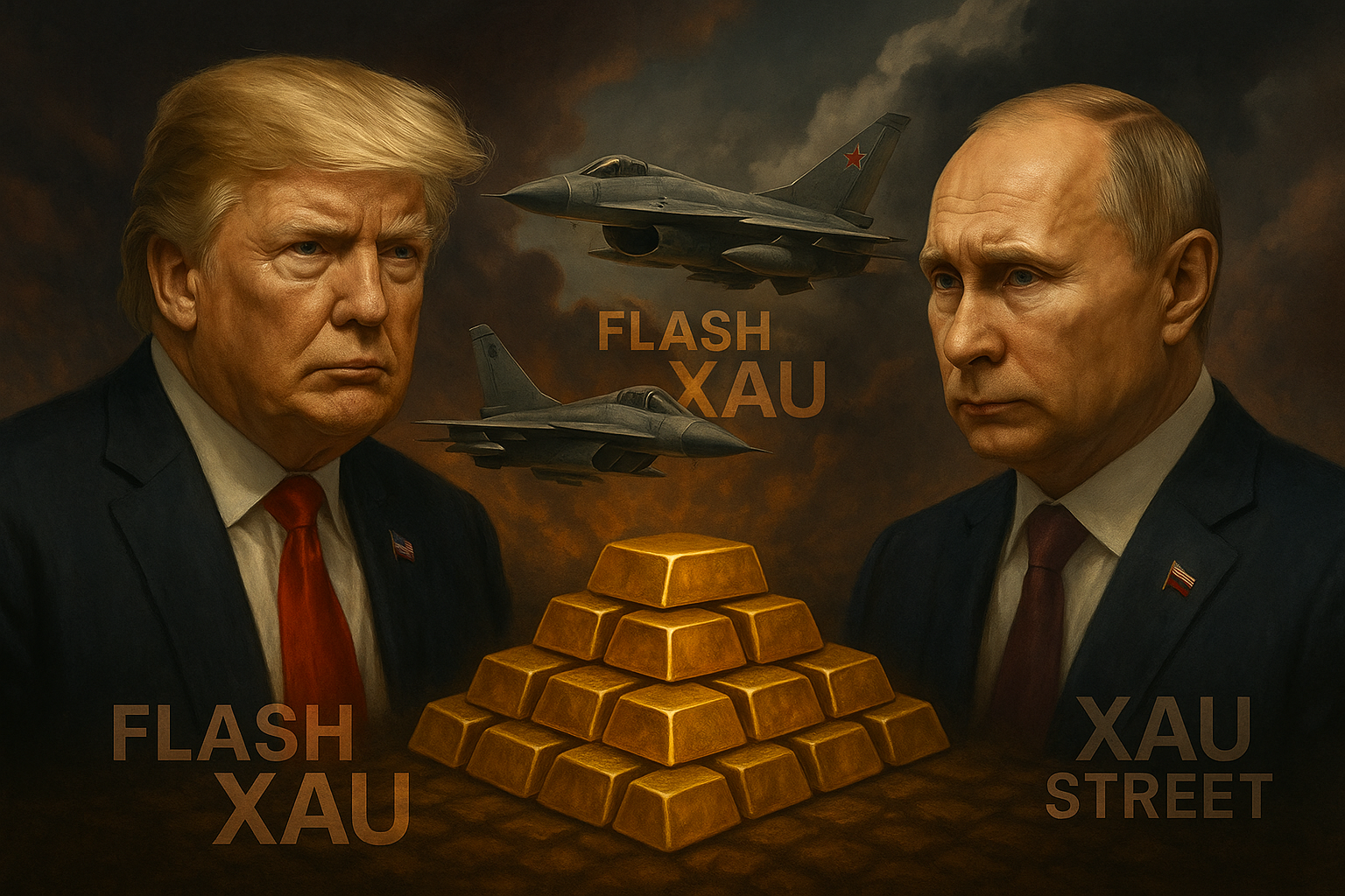 F-16 et MiG en ciel tendu, symbolisant la menace aérienne avec lingots d’or superposés avec poutine & trump