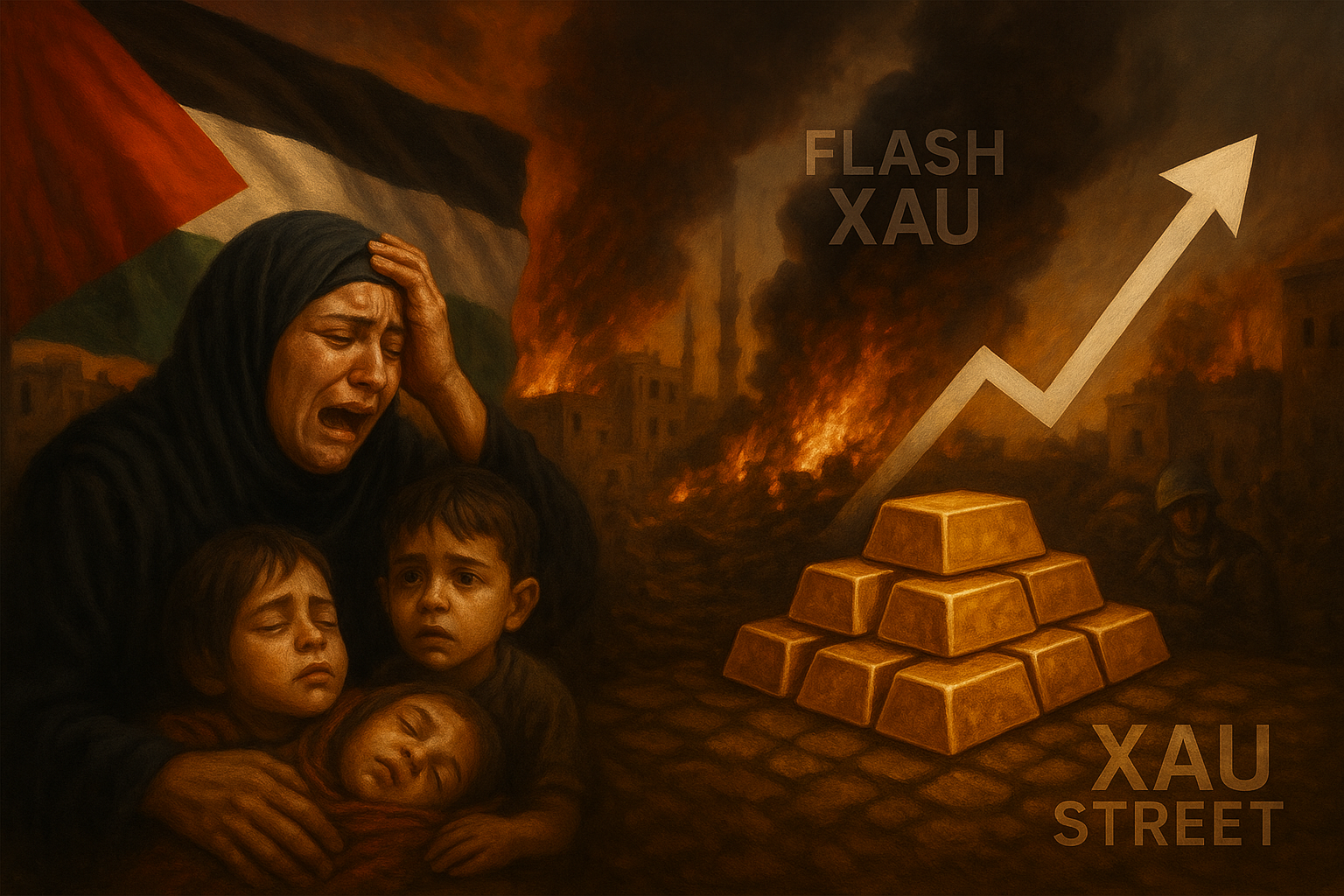 Gaza sous frappes israéliennes meurtrières avec des enfants et victimes et le drapeau palestinien, l’or atteint des records historiques comme valeur refuge