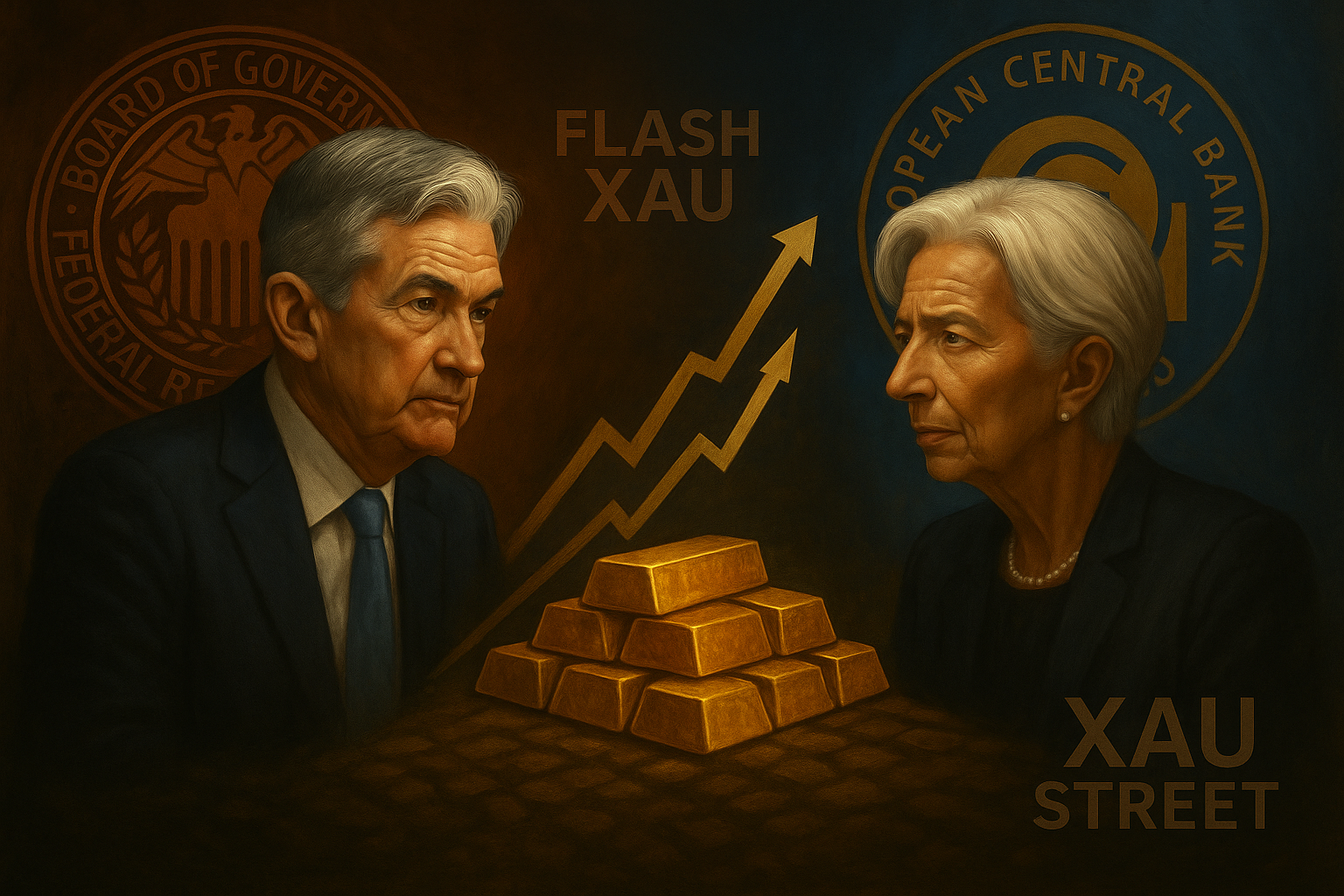Graphique représentant le prix de l’or avec les logos de la Fed et de la BCE en arrière-plan