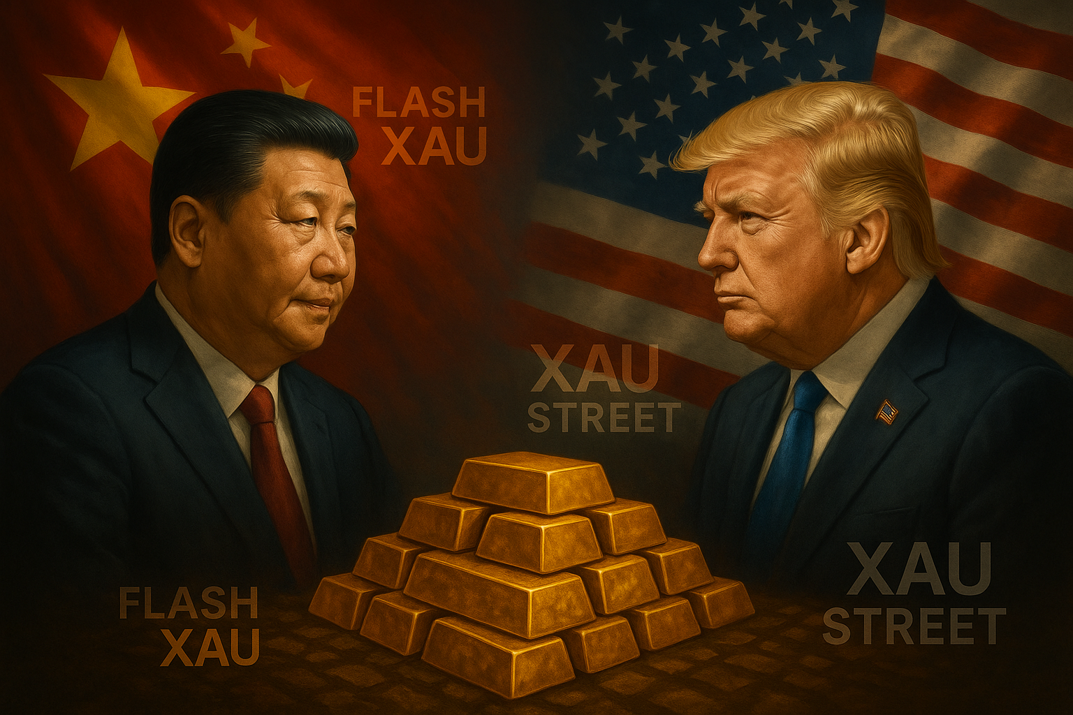 Illustration symbolique de la rivalité Chine (Xi) VS USA (Trump) avec l’or au centre