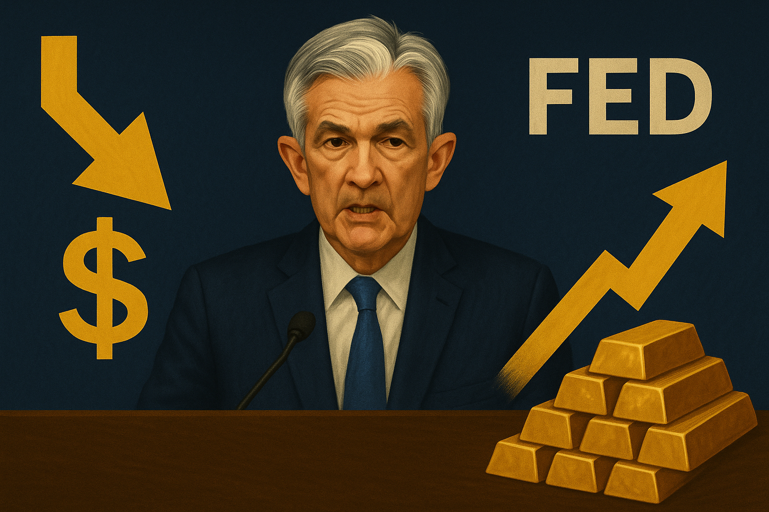 Image de Powell devant la FED – Or en hausse, dollar en baisse – 23 septembre 2025