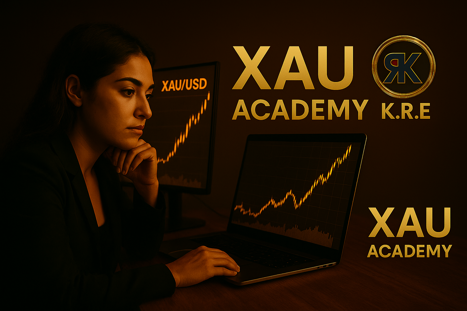 Investisseur concentré analysant les signaux du marché de l’or avec XAU Academy et K.R.E