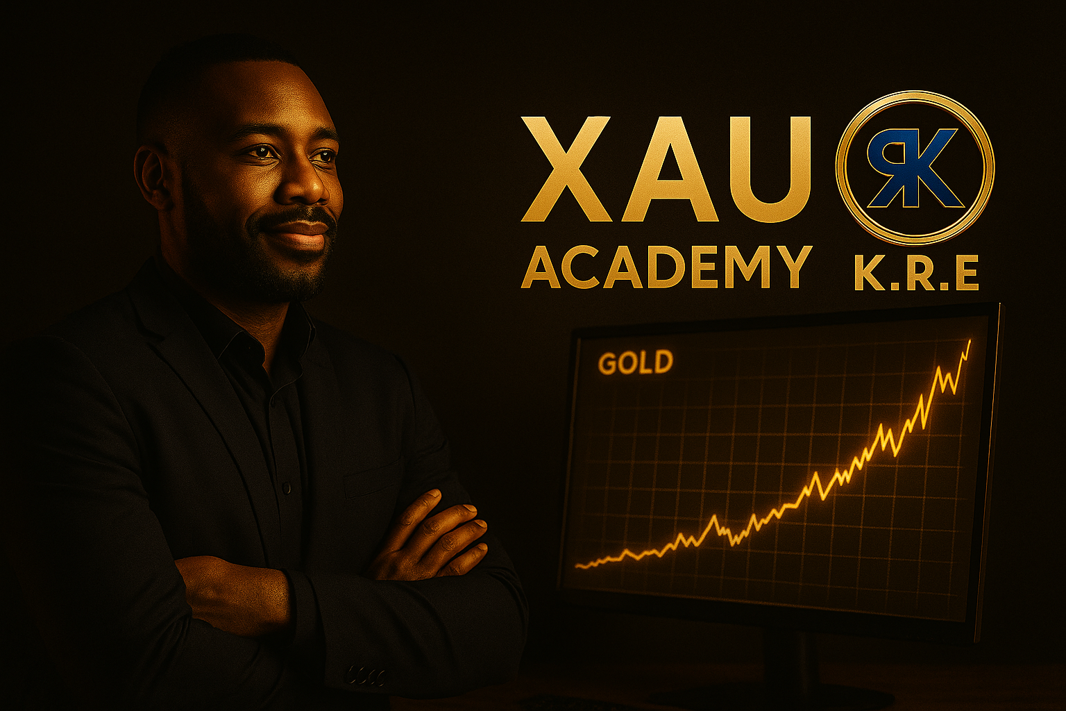 Investisseur confiant devant un graphique doré, illustrant l’arme secrète des investisseurs à succès avec K.R.E et XAU Academy