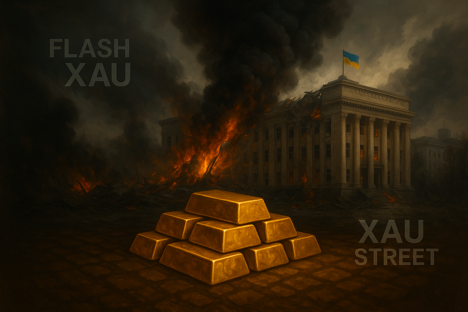 Kiev après une frappe russe sur le siège du gouvernement, avec lingots d’or symbolisant la ruée vers les actifs refuges