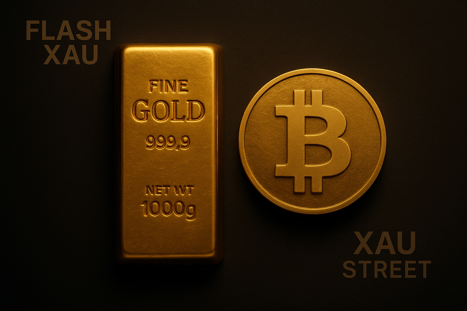 Lingot d’or et logo Bitcoin côte à côte sur fond noir, symbolisant le parallèle entre l’or et le numérique