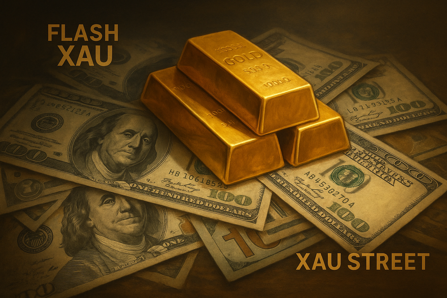 Lingots d’or posés sur des billets de dollar américain, symbolisant la rivalité monétaire