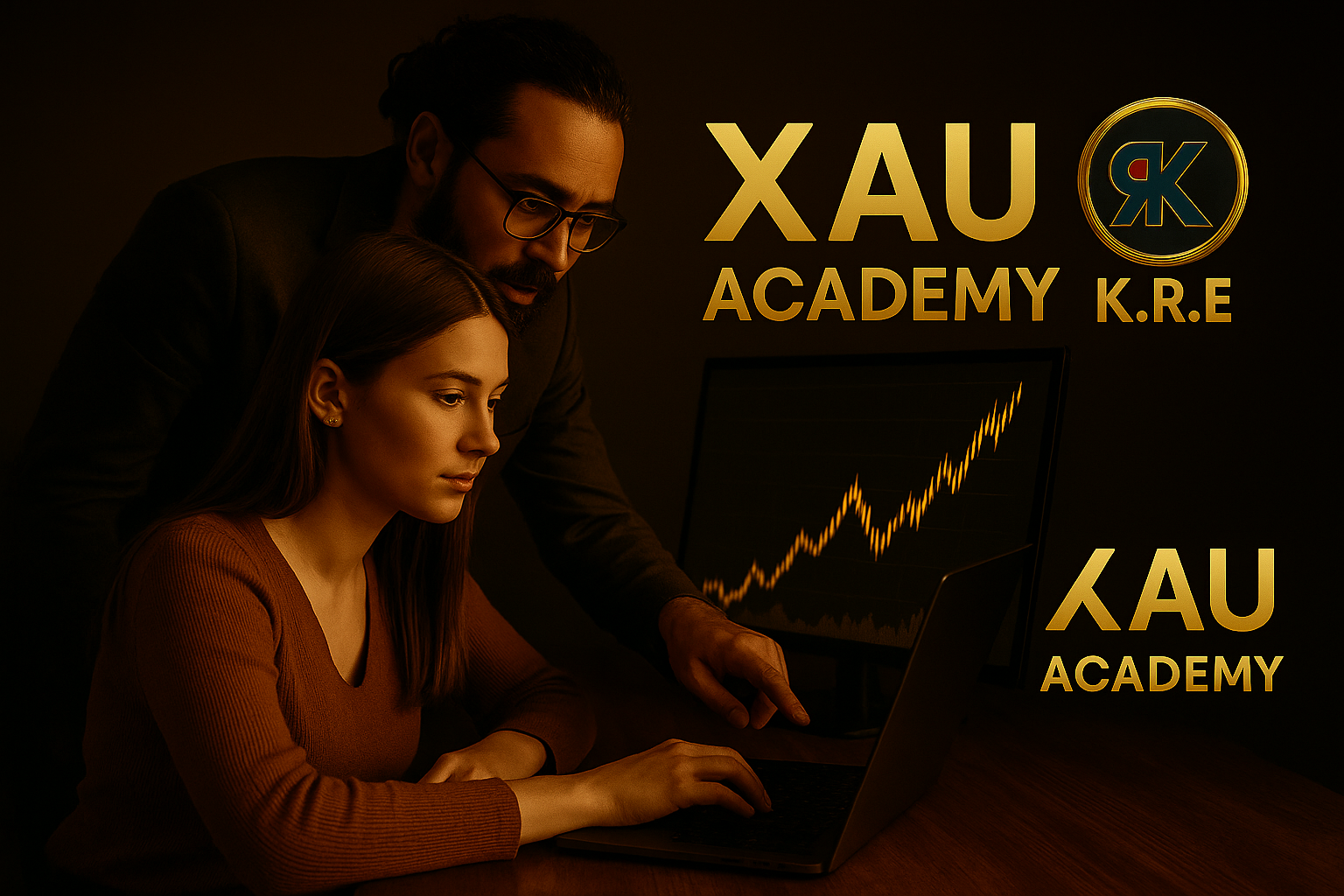 Mentor guidant un apprenti trader sur le marché de l’or avec XAU Academy et K.R.E