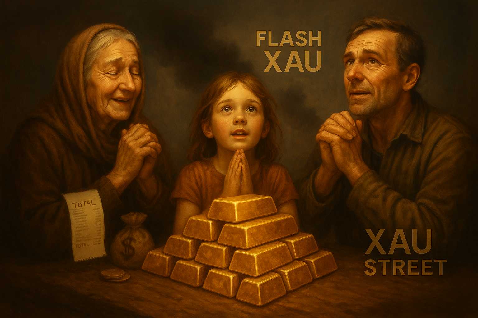 Pièces d’or posées sur des billets de banque symbolisant la protection du pouvoir d’achat avec un homme, une femme et une enfant