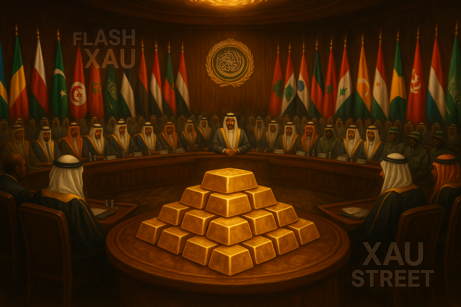 Salle du sommet arabe à Doha, avec drapeaux et lingots d’or symbolisant le refuge financier