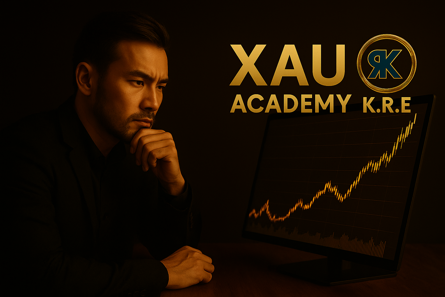 Trader concentré devant un graphique haussier de l’or, symbolisant le mindset gagnant avec K.R.E et XAU Academy