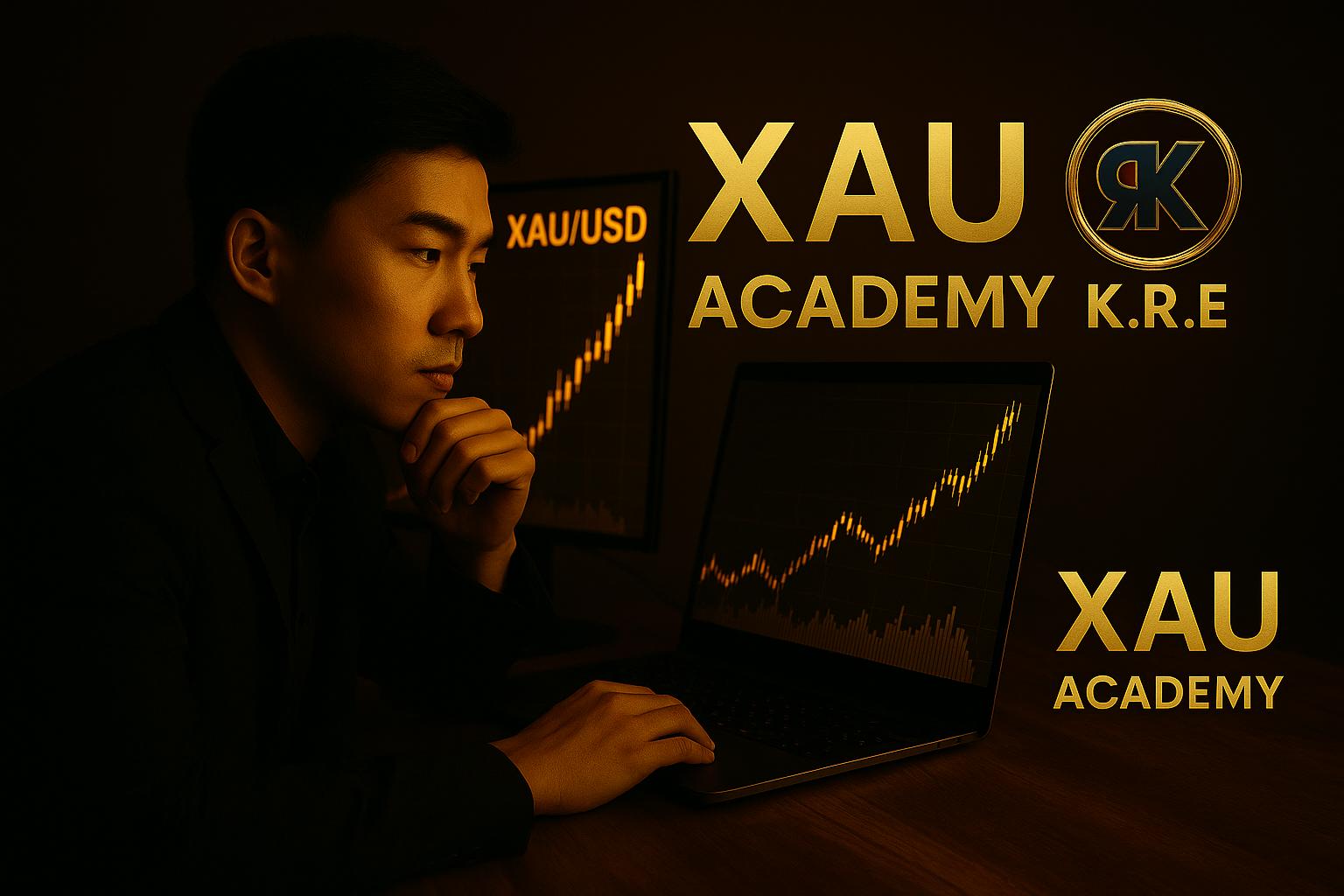 Trader concentré saisissant les opportunités sur le marché de l’or avec K.R.E et XAU Academy