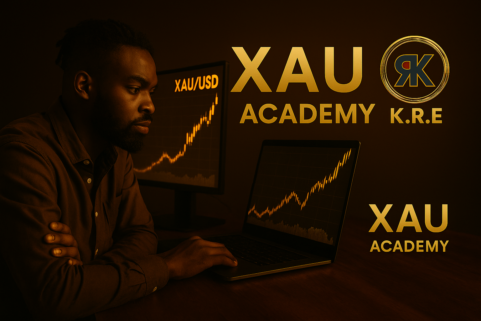 Trader confiant appliquant un processus précis sur l’or via K.R.E et XAU Academy