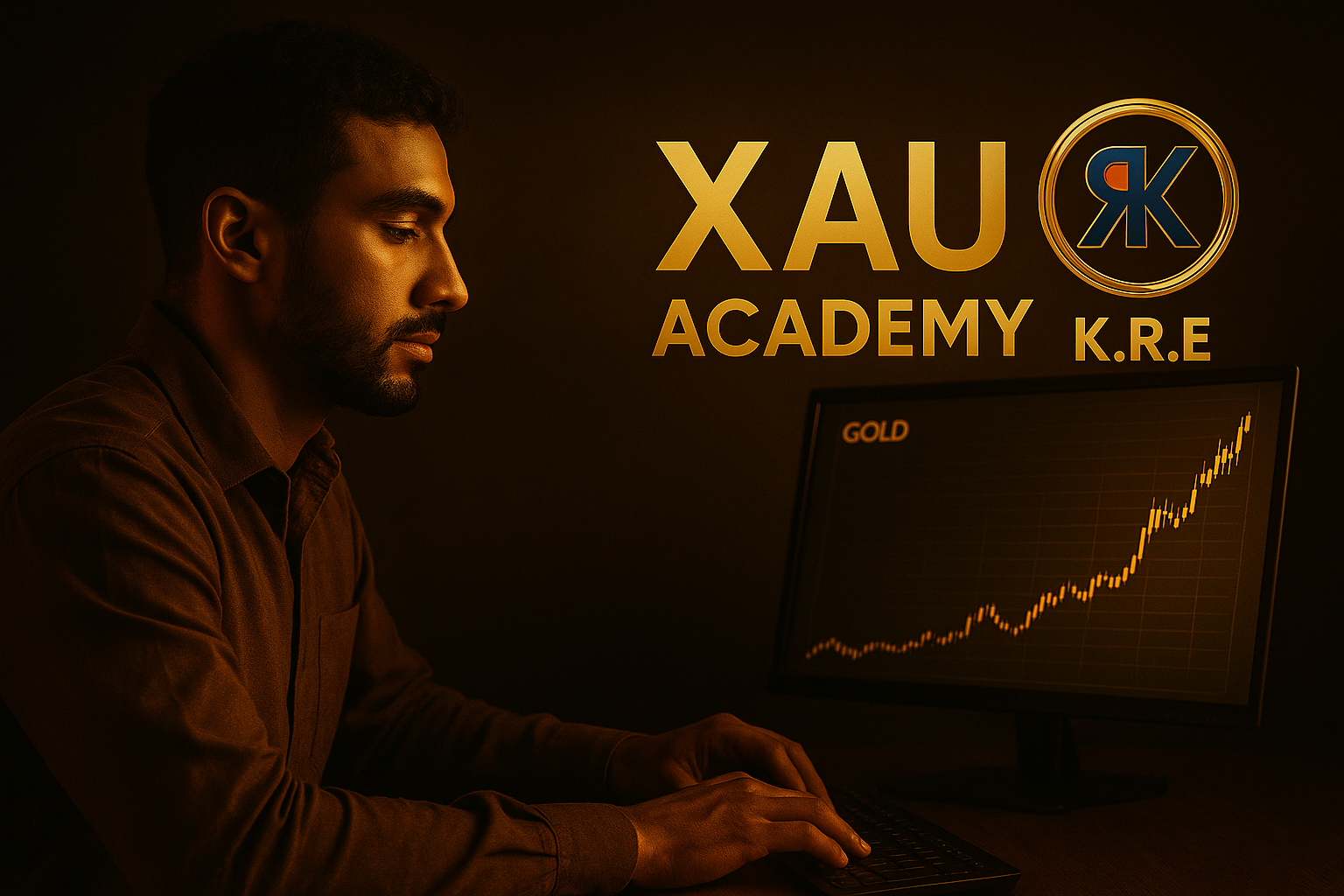 Trader serein analysant un graphique de l’or avec la méthode K.R.E via XAU Academy
