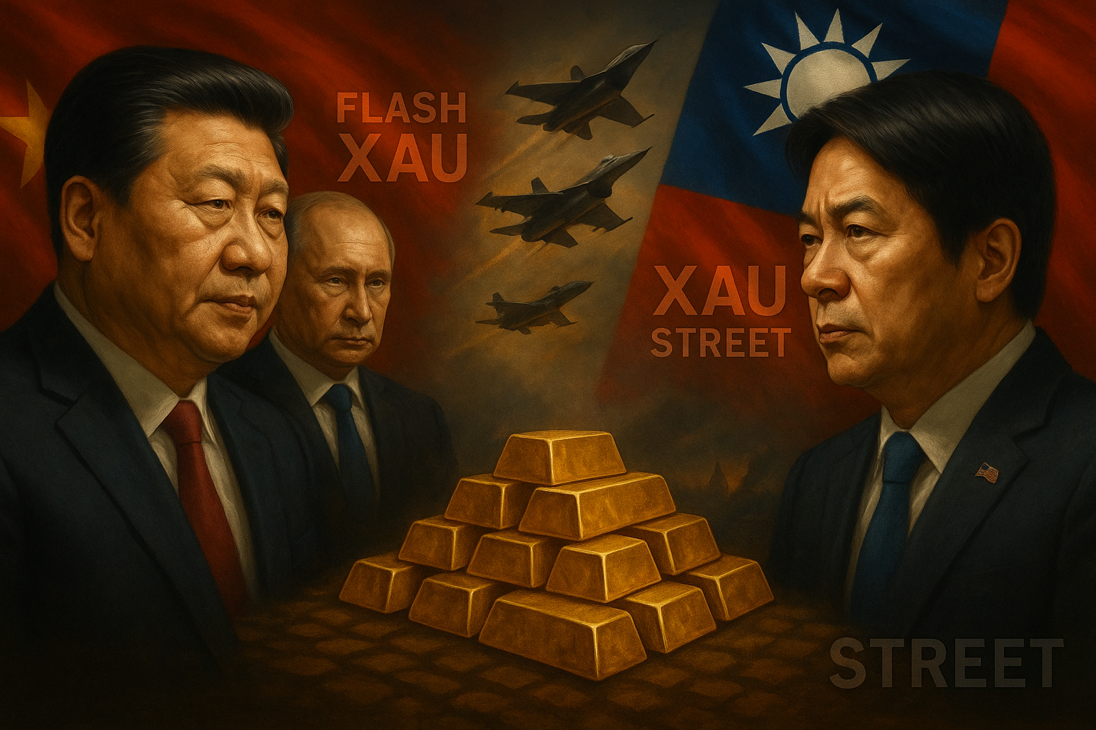 XI & POUTINE face a Lai Ching-te d’avions de combat avec lingots d’or en surimpression