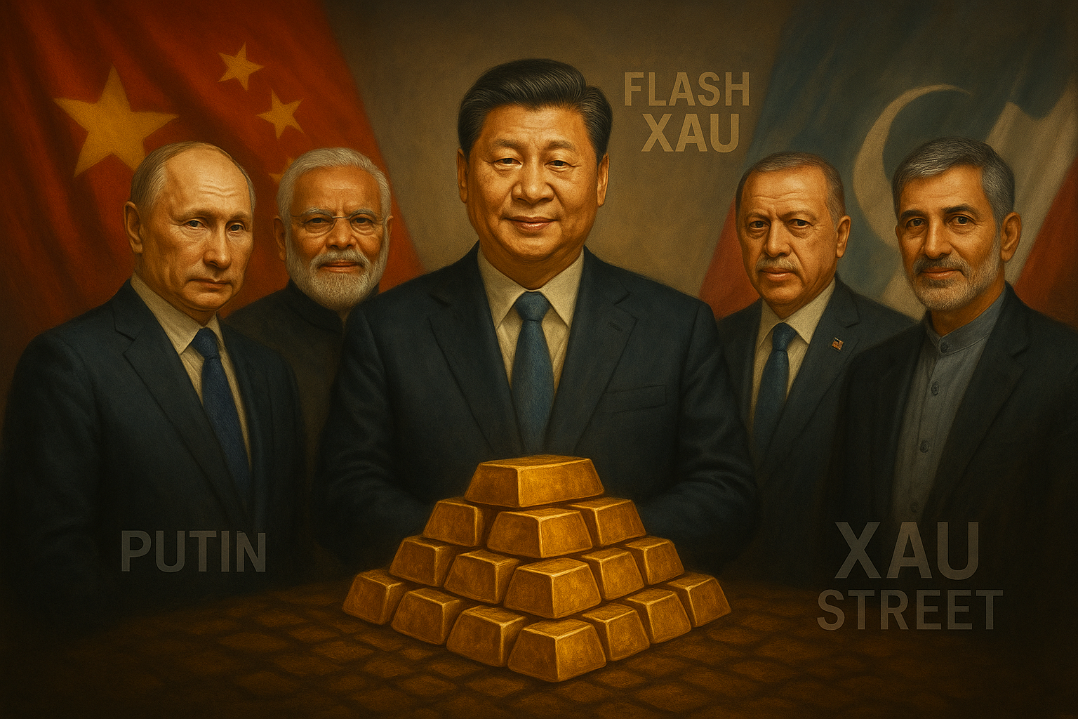 Xi Jinping, Vladimir Poutine, Narendra Modi, Recep Tayyip Erdoğan et Massoud Pezeshkian réunis à Tianjin, avec lingots d’or symbolisant leur puissance financière