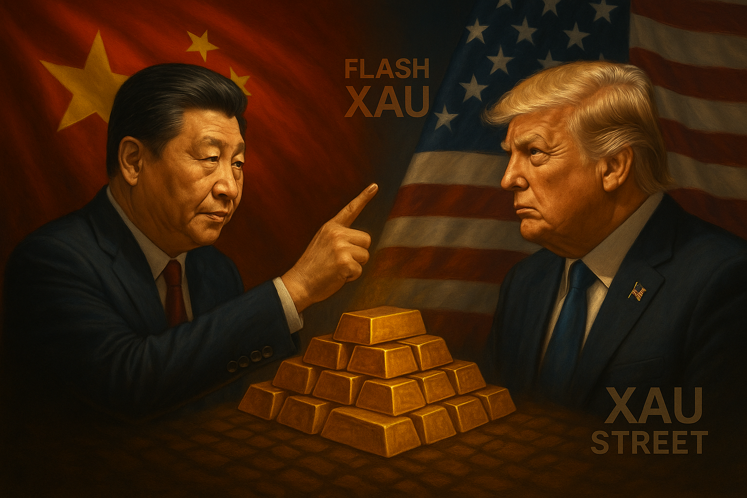 Xi Jinping en conférence à Pékin, répondant à Trump, avec lingots d’or symbolisant la montée historique du métal jaune