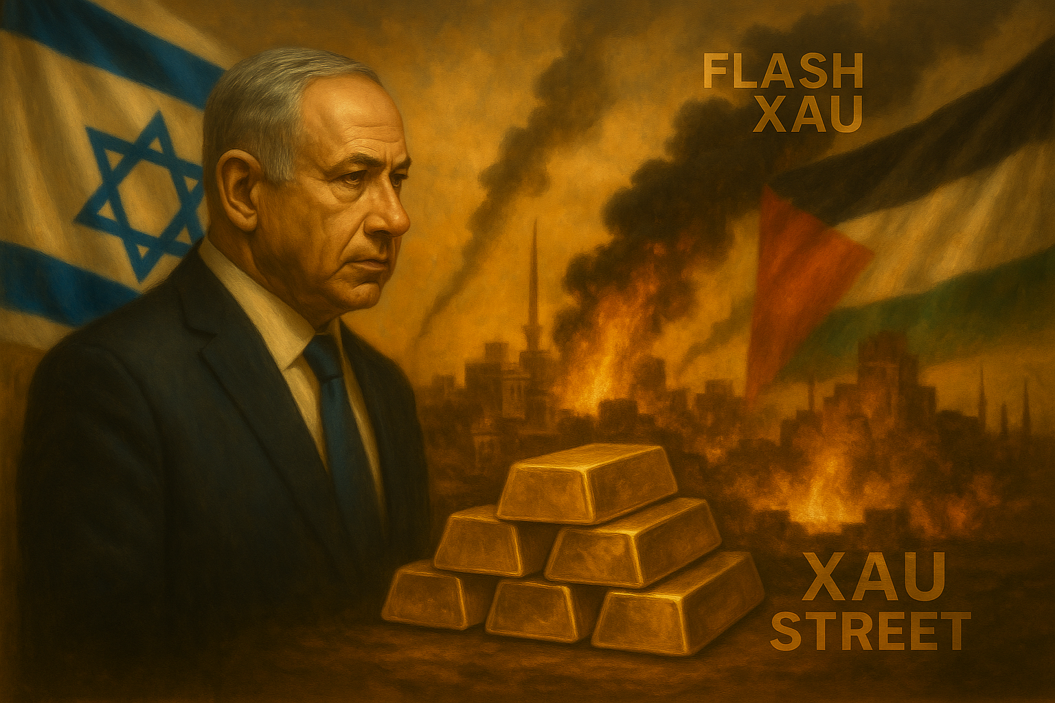 Bombardement à Gaza avec lingots d’or superposés – symbole crise & valeur refuge