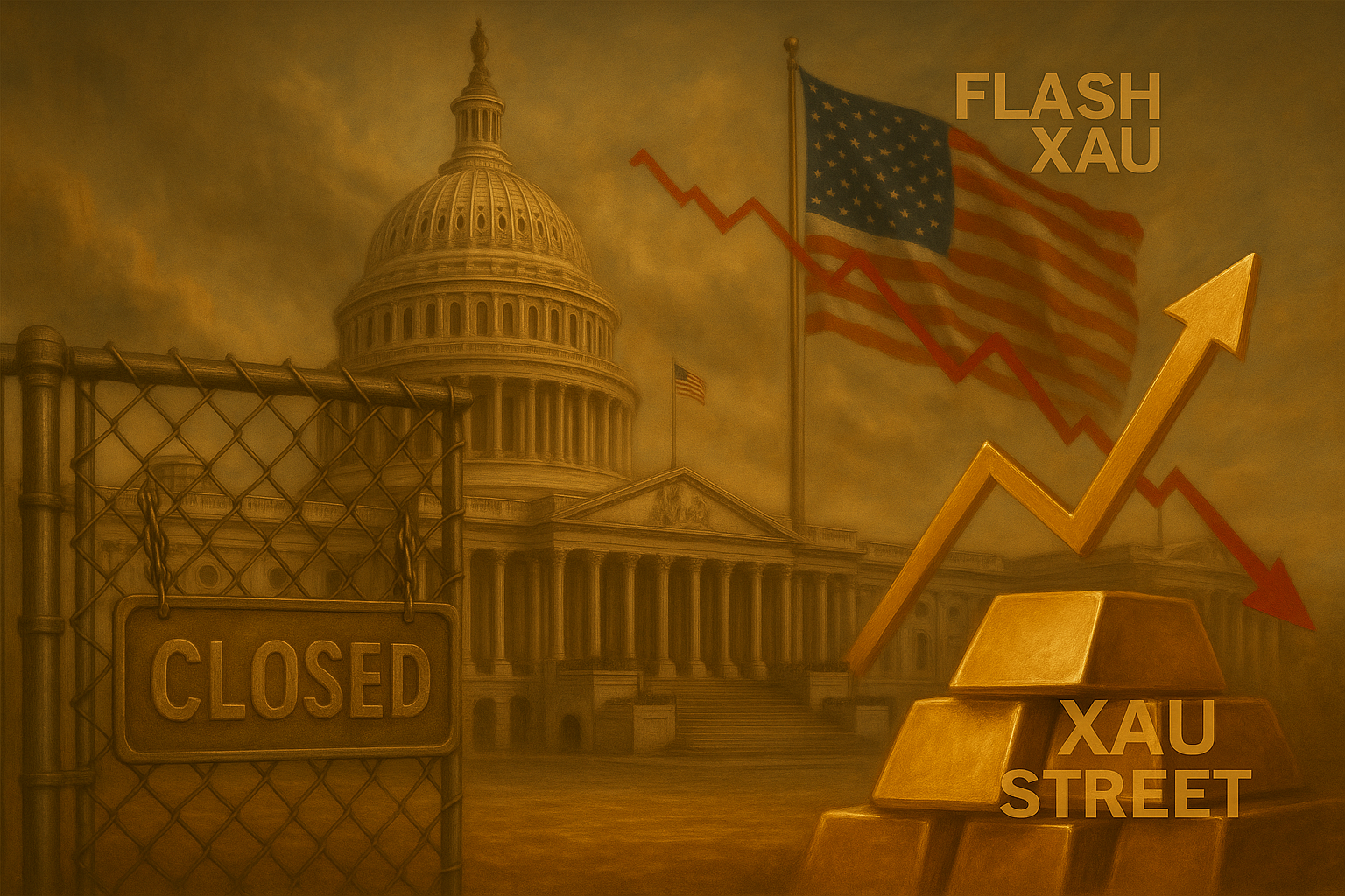 Capitole américain fermé avec reflet d’un lingot d’or – shutdown & valeur refuge