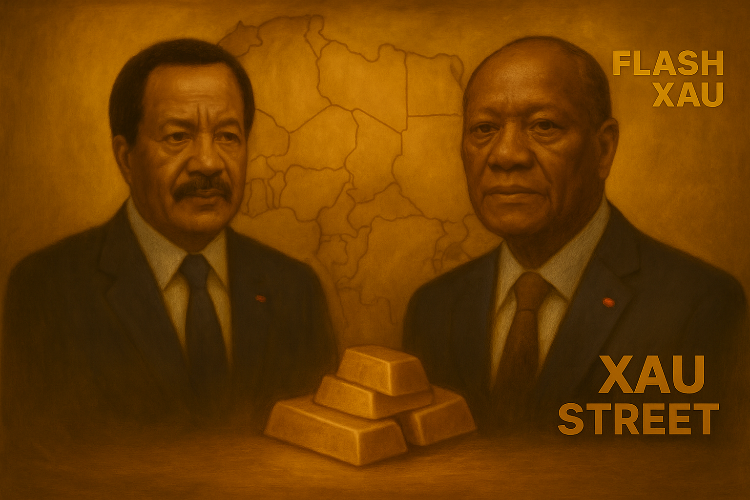 Carte Afrique avec dirigeants et lingots d’or symbolisant pouvoir minier