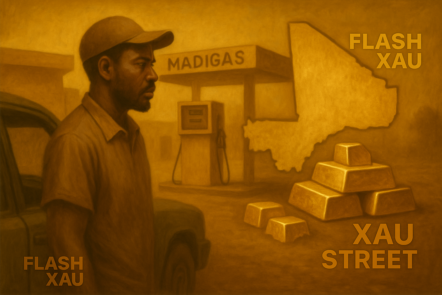 Chauffeur devant station-service vide à Bamako et lingots d’or superposés – symbole crise et richesse cachée