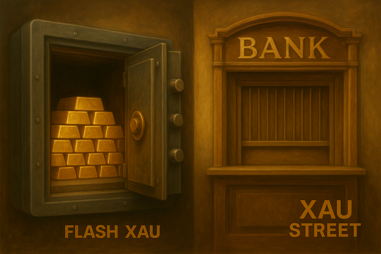 Coffre rempli de lingots d’or face à un guichet bancaire fermé