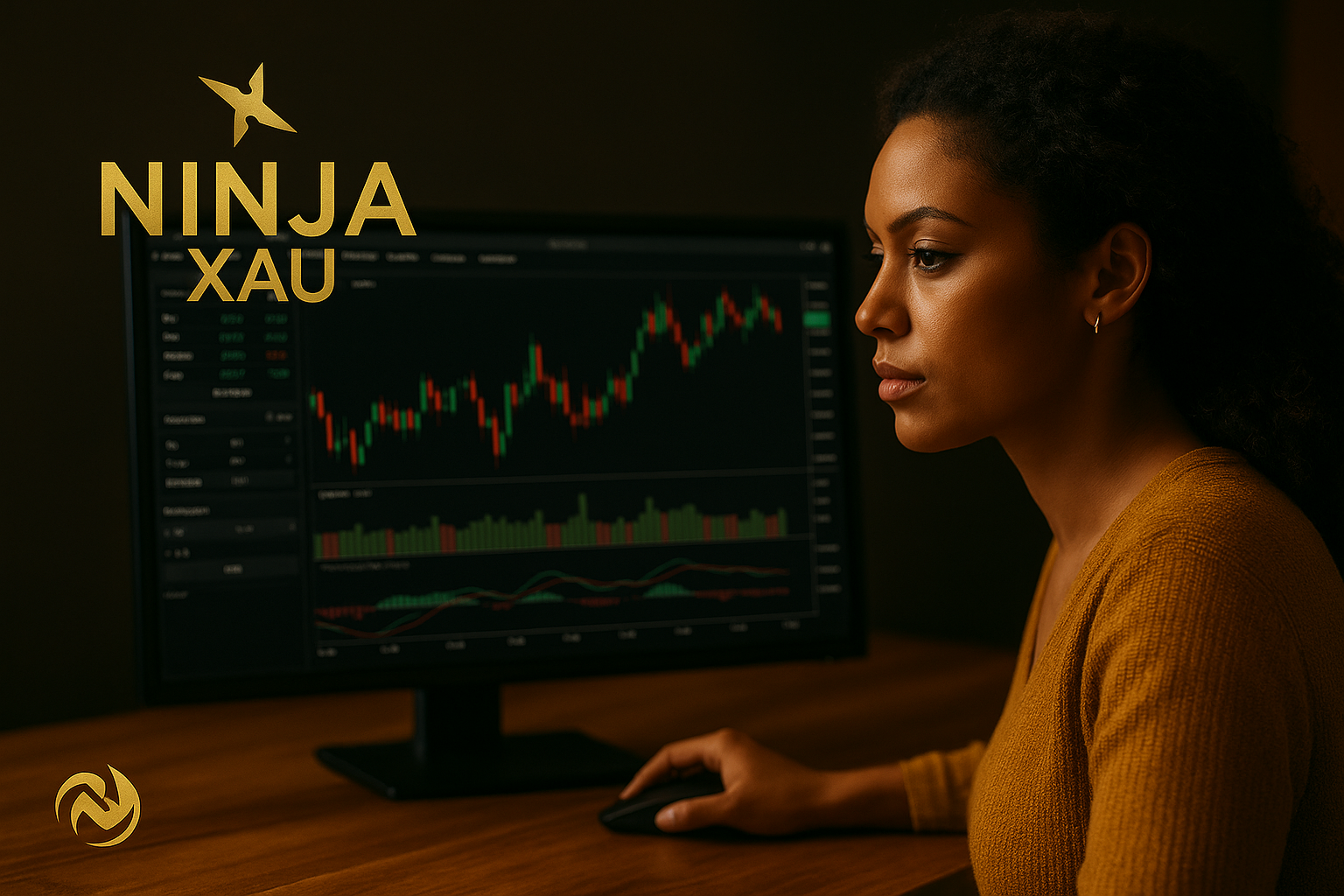 Femme métisse concentrée sur plateforme de trading Ninja XAU – paysage horizontal