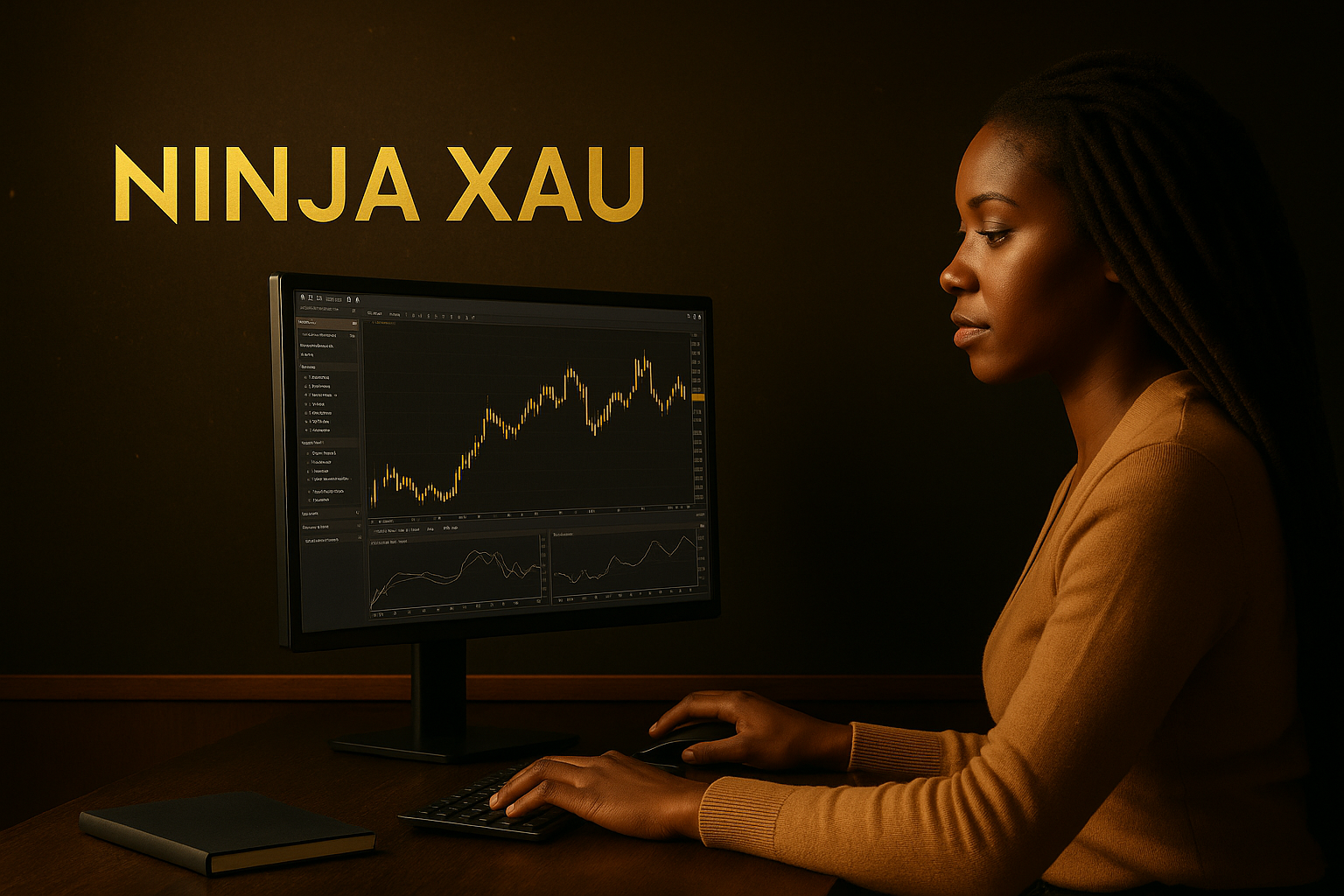 Femme noire utilisant NinjaTrader pour trader XAU/USD – Interface professionnelle pour scalping et swing sur l’or