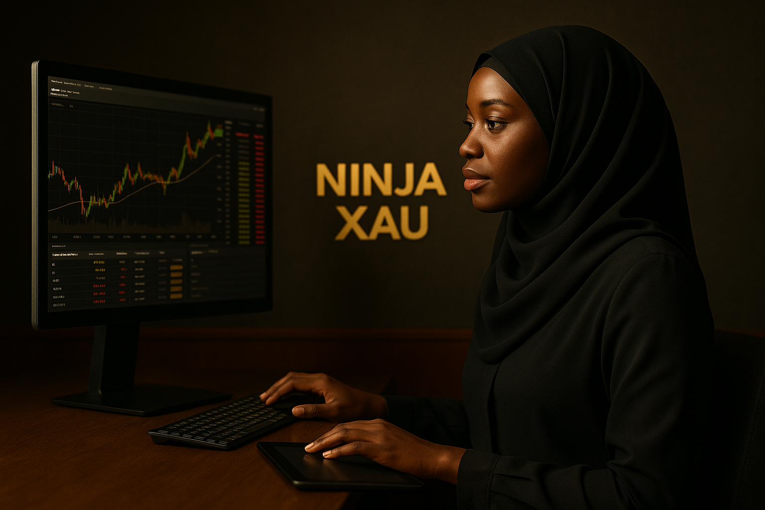 Femme noire voilée avec logo Ninja XAU – Plateforme pro NinjaTrader pour XAU:USD