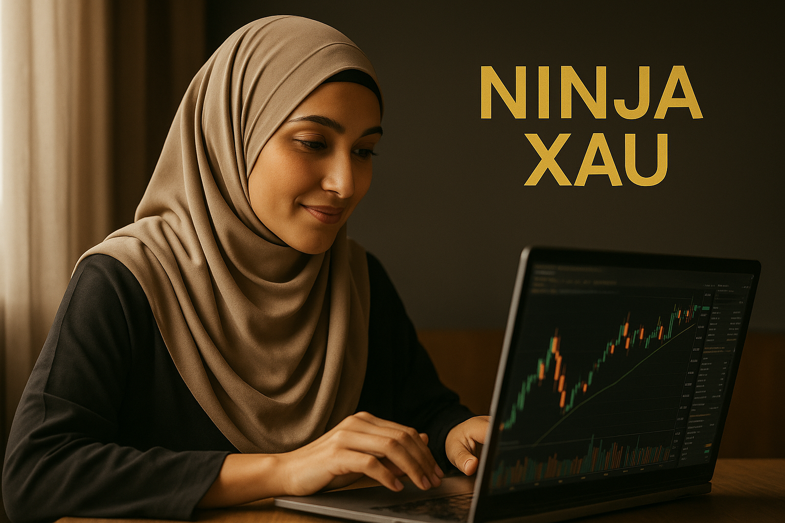 Femme voilée arabe utilisant NinjaTrader – confiance et performance