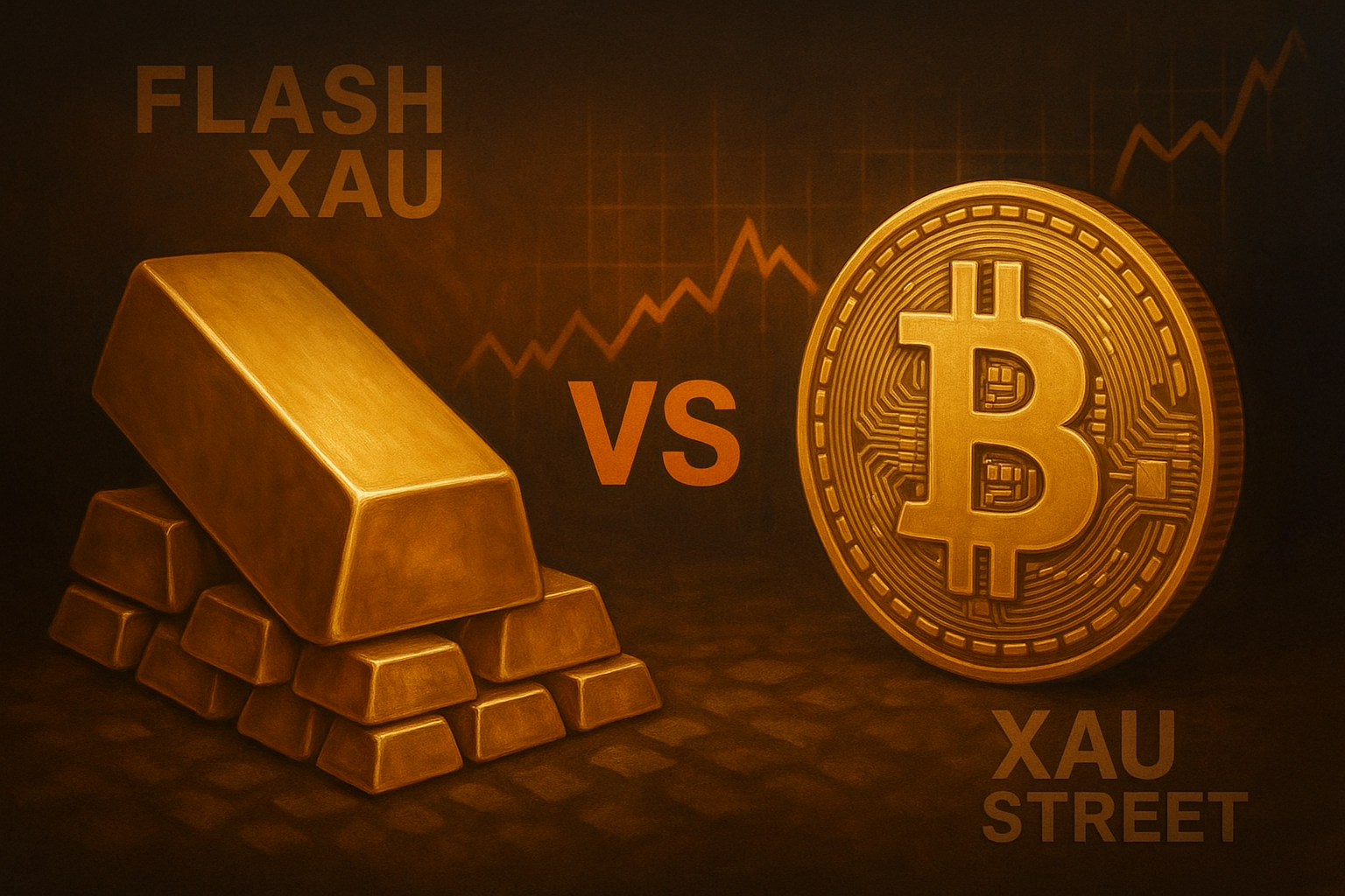 Graphique comparatif entre lingots d’or et symbole du bitcoin illustrant la bataille des valeurs refuges