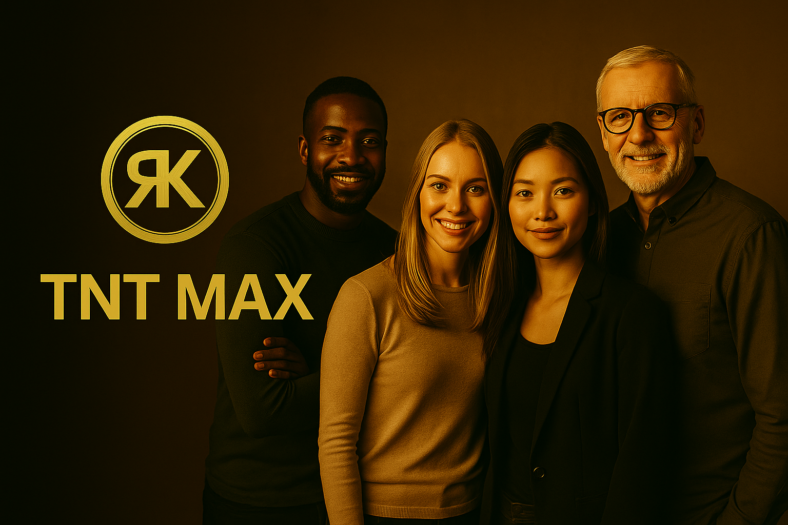 Groupe de personnes diverses représentant la réussite financière avec les logos K.R.E et TNT MAX