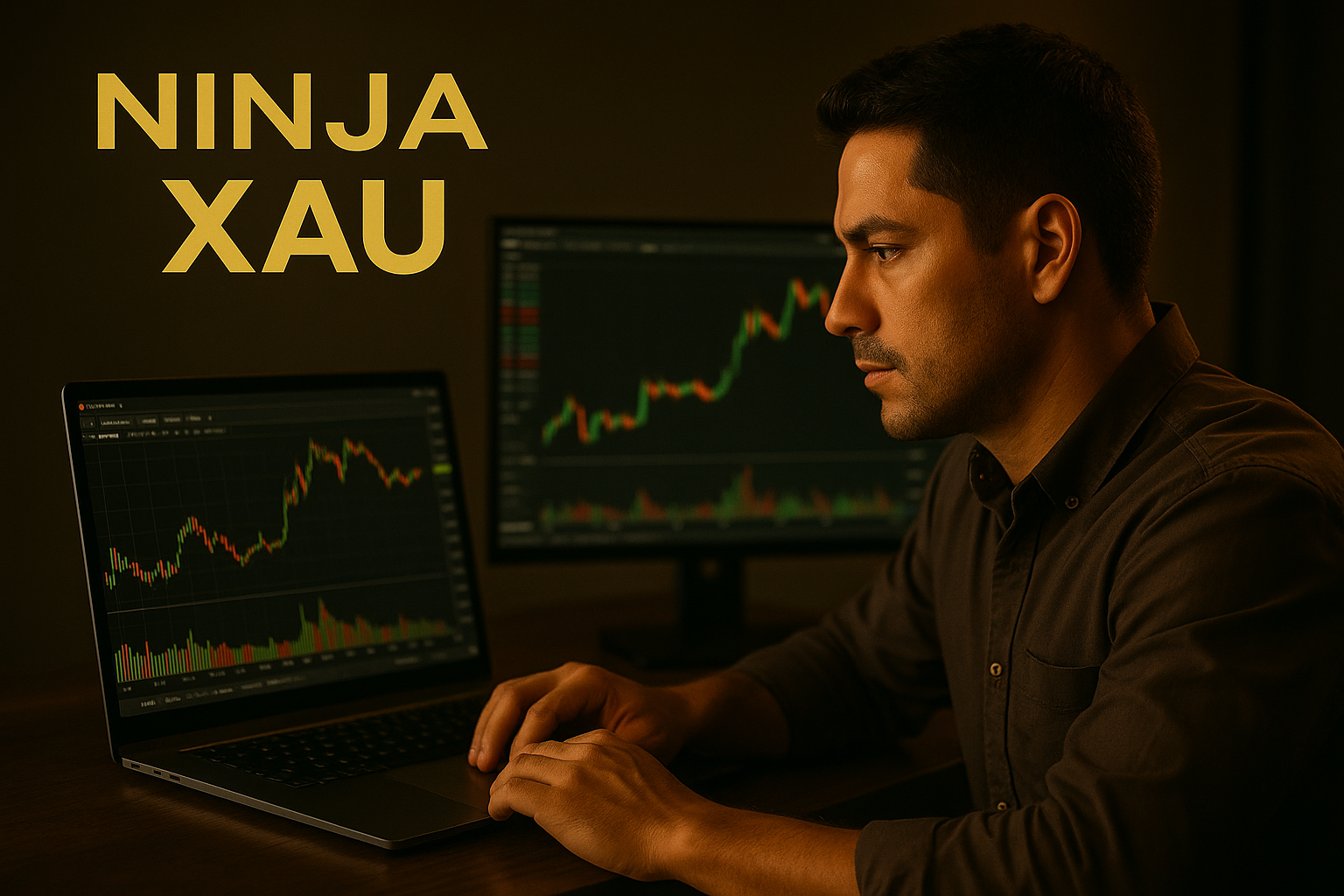 Femme noire concentrée en train de trader sur NinjaTrader – logo Ninja XAU