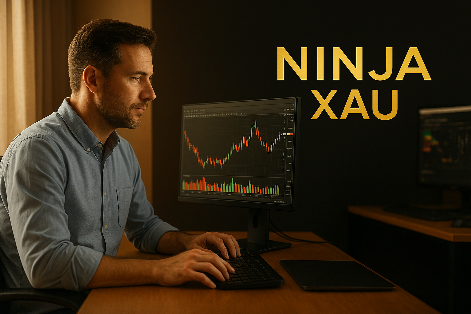 Homme senior tradant l’or sur NinjaTrader – image motivationnelle Ninja XAU