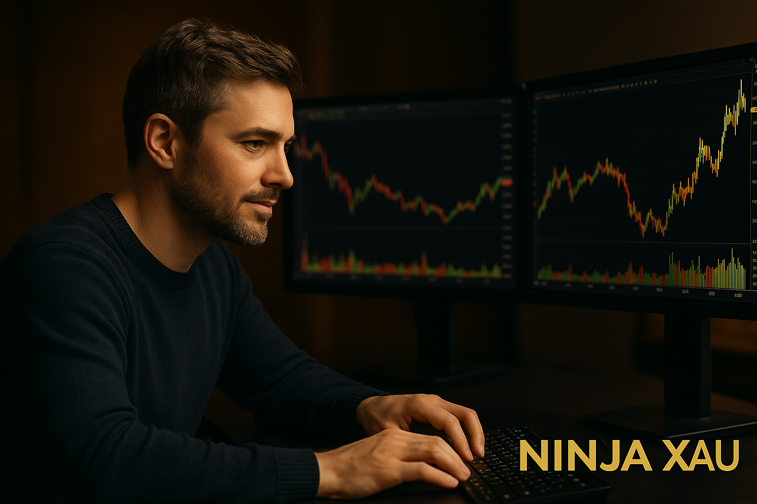 Homme trader concentré sur un écran, plateforme Ninja XAU ouverte en temps réel – NinjaTrader outil pro