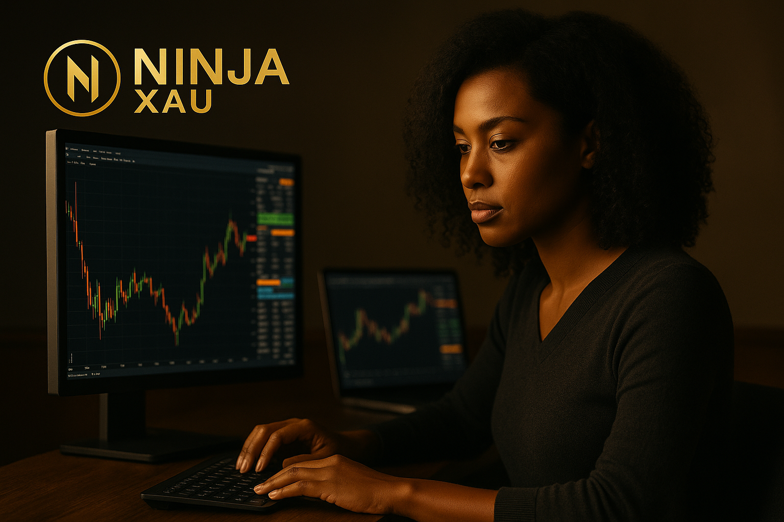 Image Ninja XAU – trader femme concentré sur graphique XAU/USD