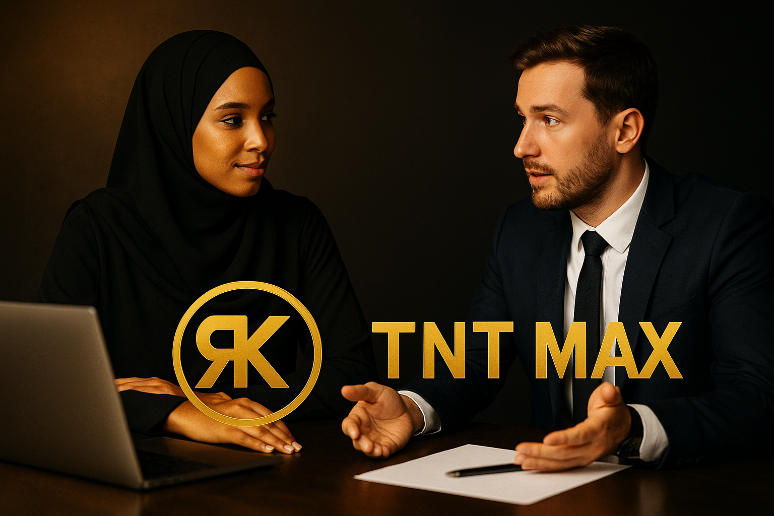 Image horizontale d’un homme et d’une femme en discussion stratégique dans un environnement doré et noir, représentant la réussite financière grâce à TNT MAX et K.R.E.