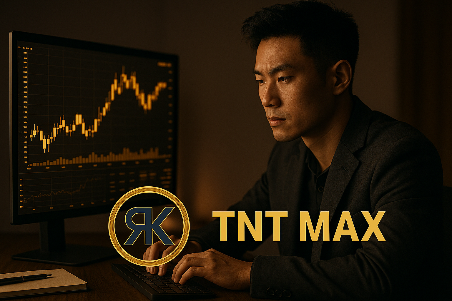 Image horizontale d’un jeune investisseur concentré sur ses graphiques financiers dorés, représentant la réussite grâce à TNT MAX et K.R.E.