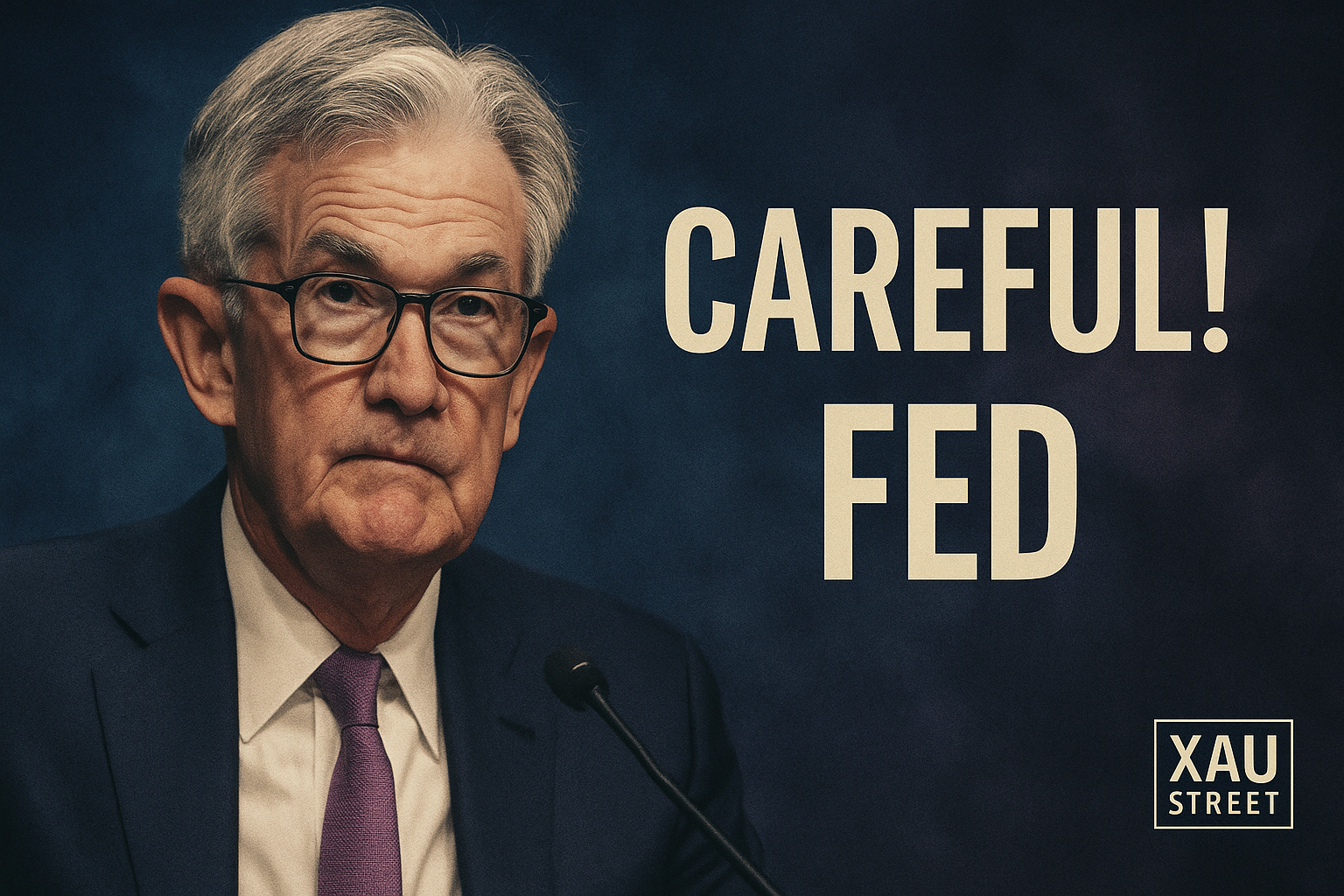 Jerome Powell lors du discours du 9 octobre 2025 – Illustration IA FED XAU Street en format paysage horizontal avec le mot « carefully » symbolisant la prudence de la Réserve fédérale.