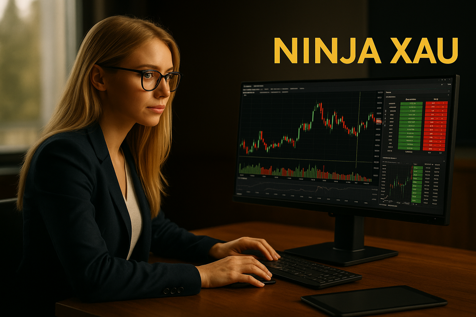Jeune femme blonde utilisant NinjaTrader sur XAU/USD – Confiance, performance et simplicité