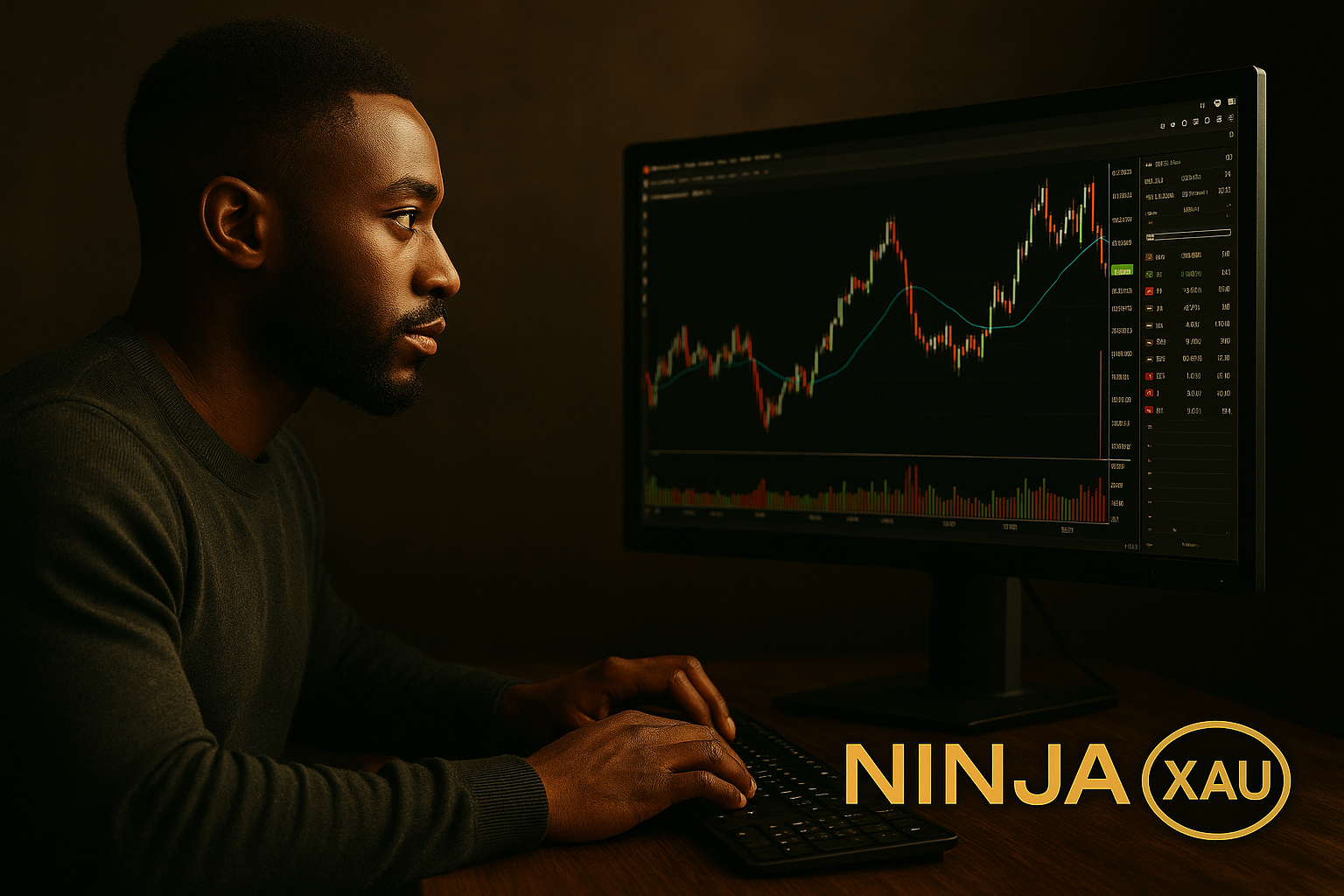 Jeune homme concentré tradant le XAU/USD avec NinjaTrader – image Ninja XAU