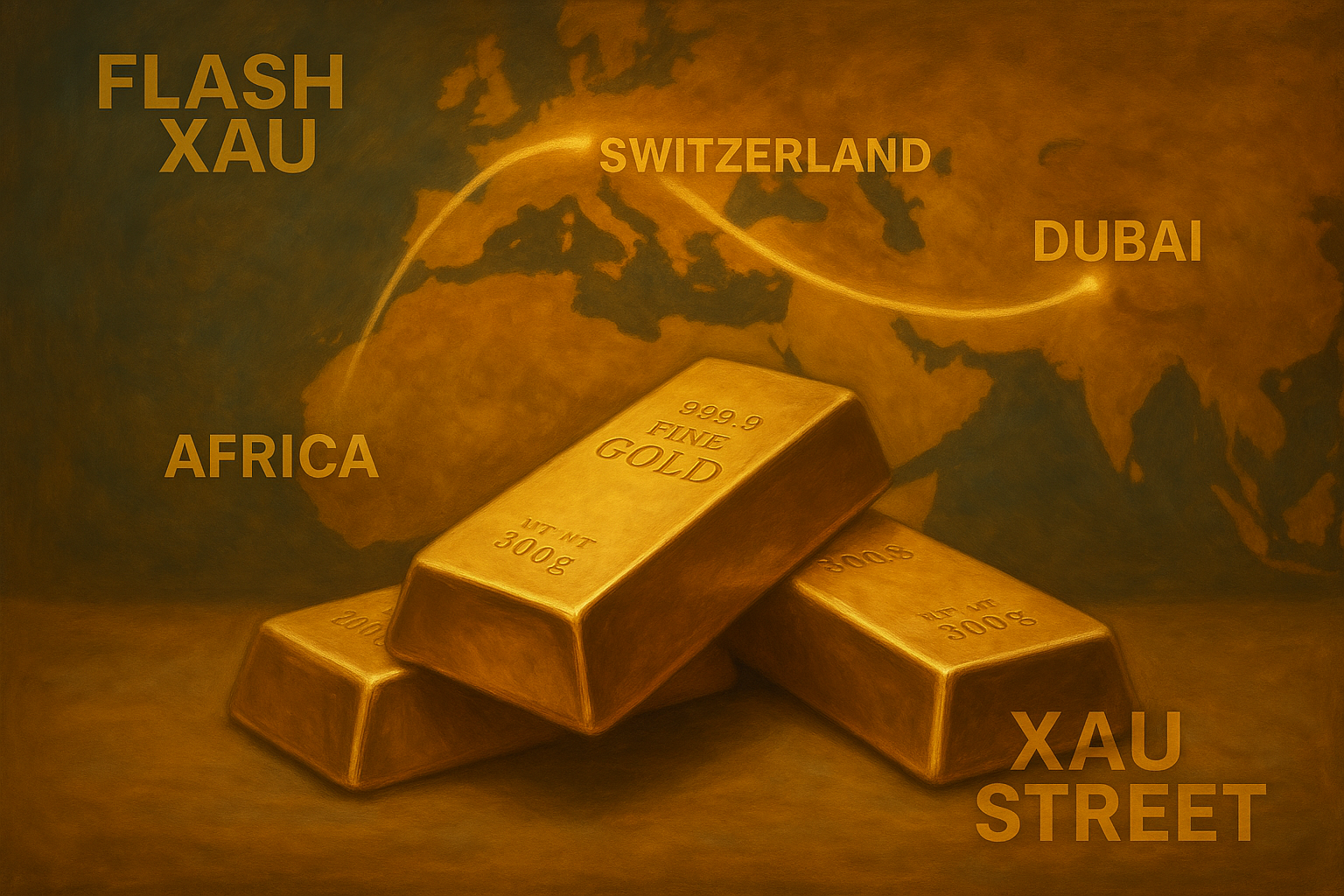 Lingots d’or alignés sur fond de carte du monde reliant Dubaï, Suisse et Afrique