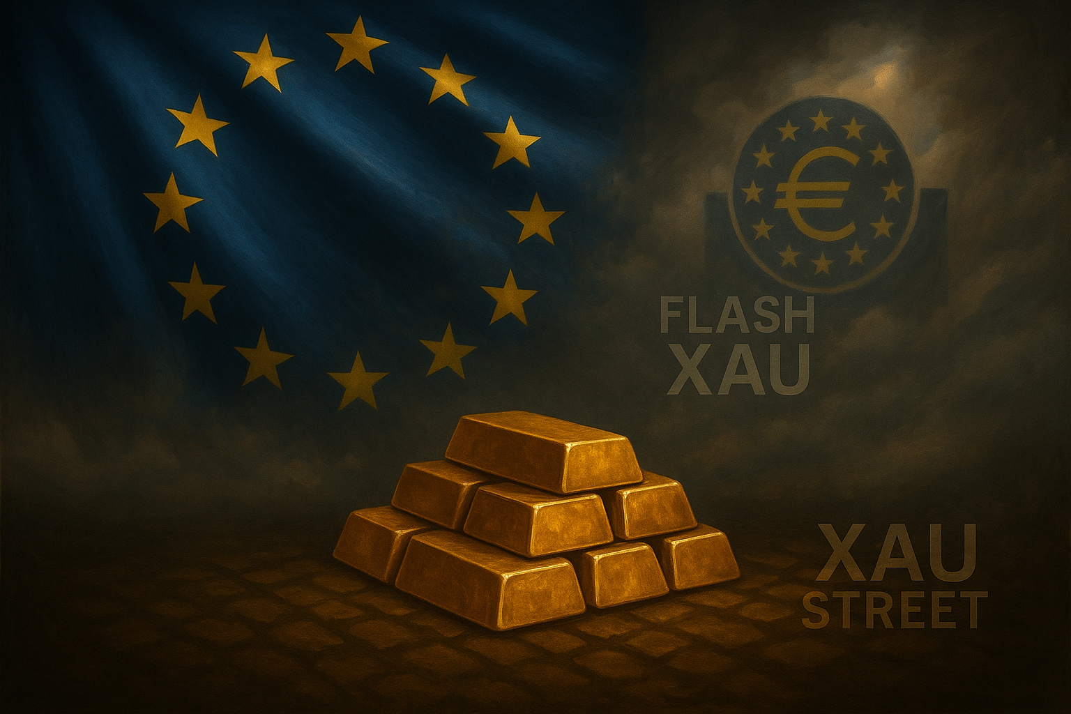 Lingots d’or avec drapeau européen en arrière-plan, symbole de la BCE et de la crise