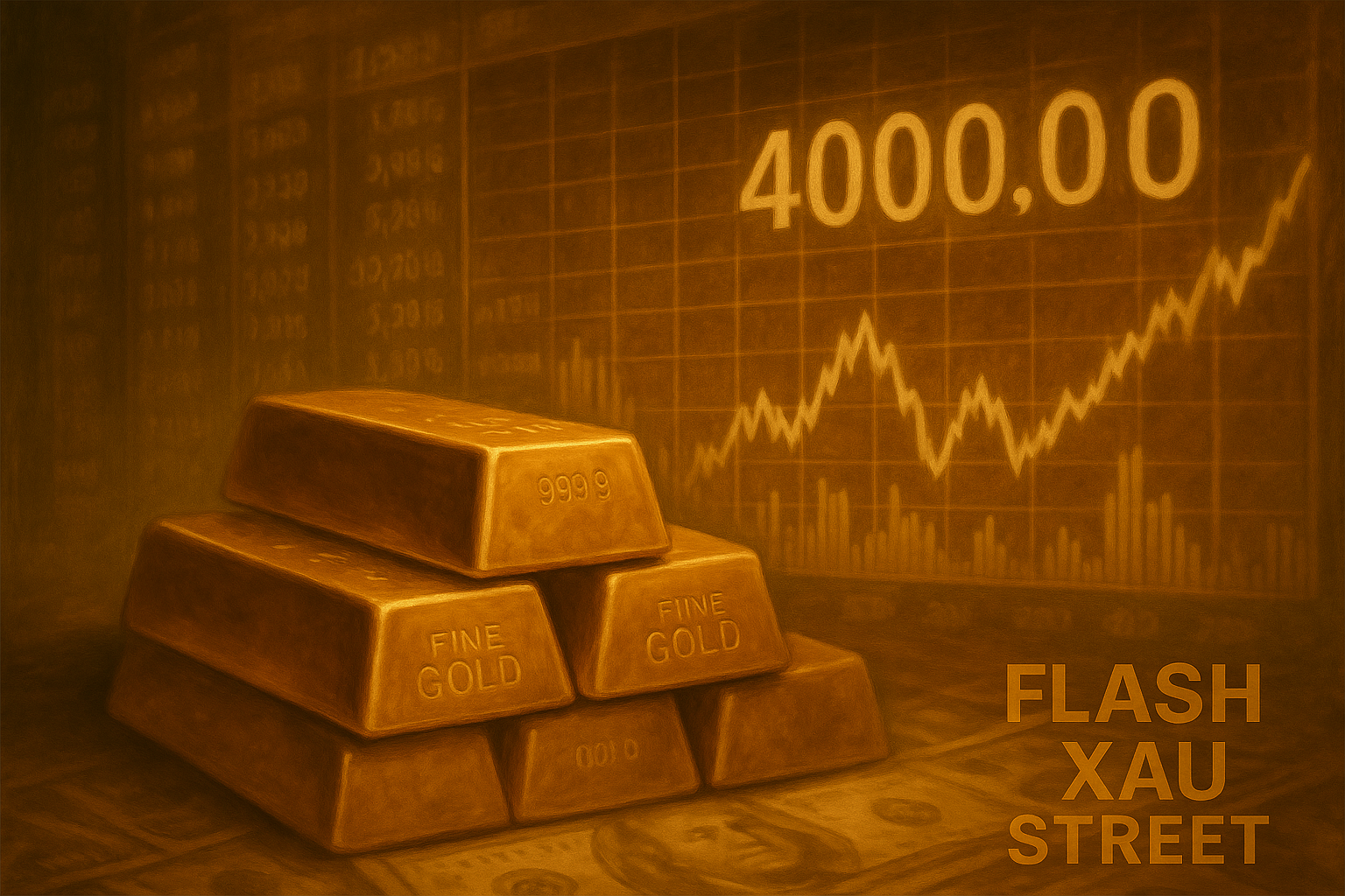 Lingots d’or empilés sur fond financier – record de 4 000 $