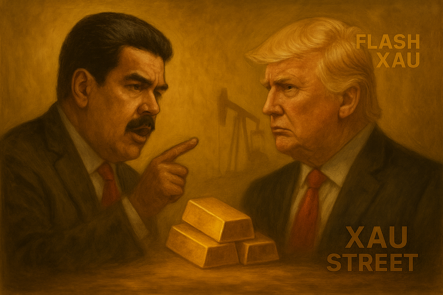 Maduro face à carte du Venezuela et lingots d’or symbolisant conflit ressources