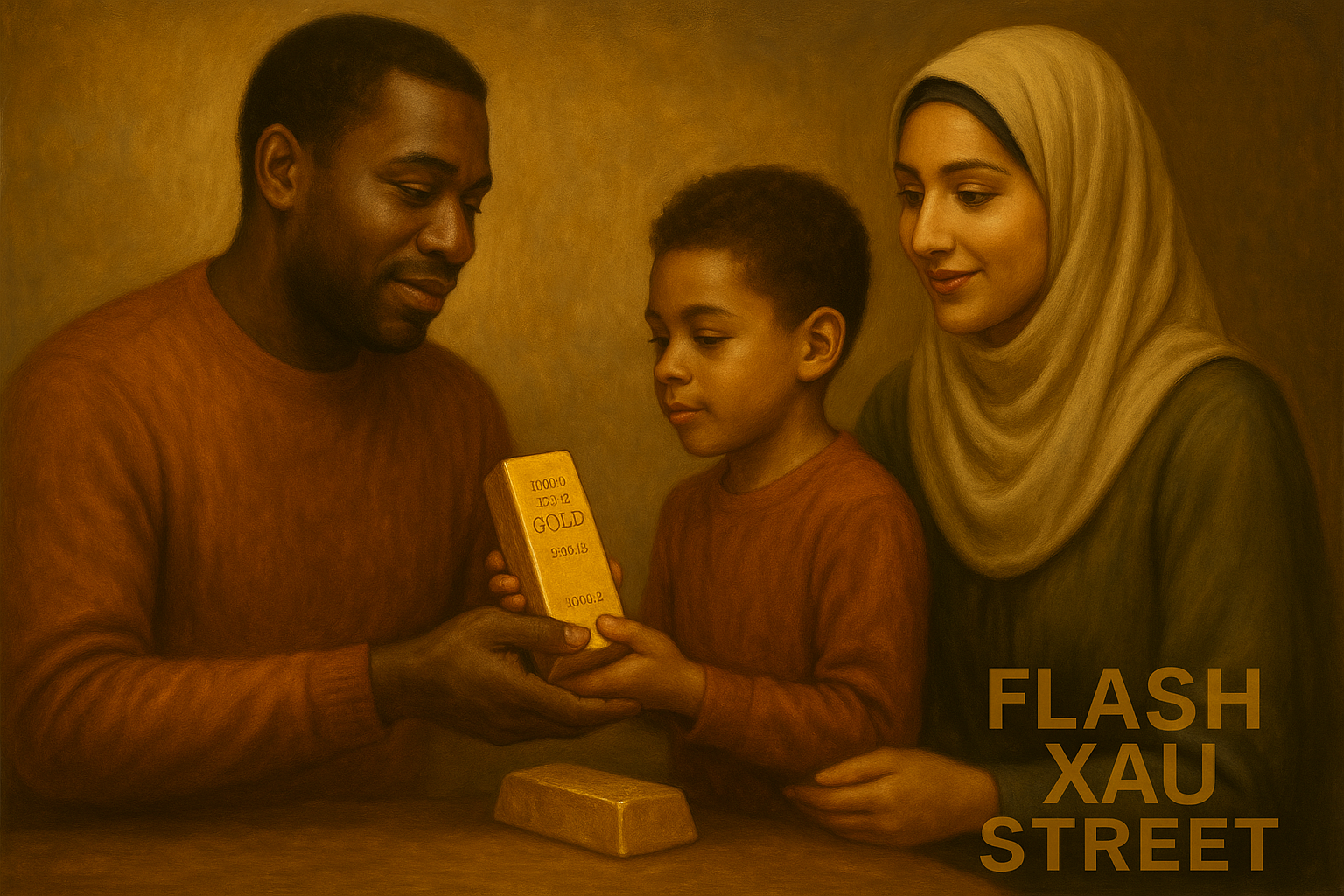 Parent remettant un lingot d’or à son enfant – symbole de transmission patrimoniale