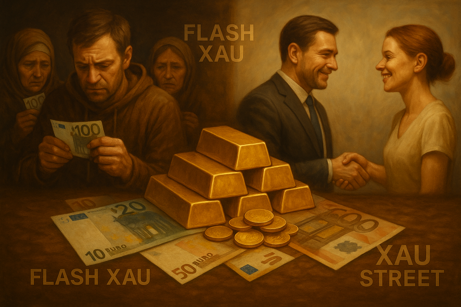 Pièces et lingots d’or posés sur des billets d’euro symbolisant la transition du cash vers l’or