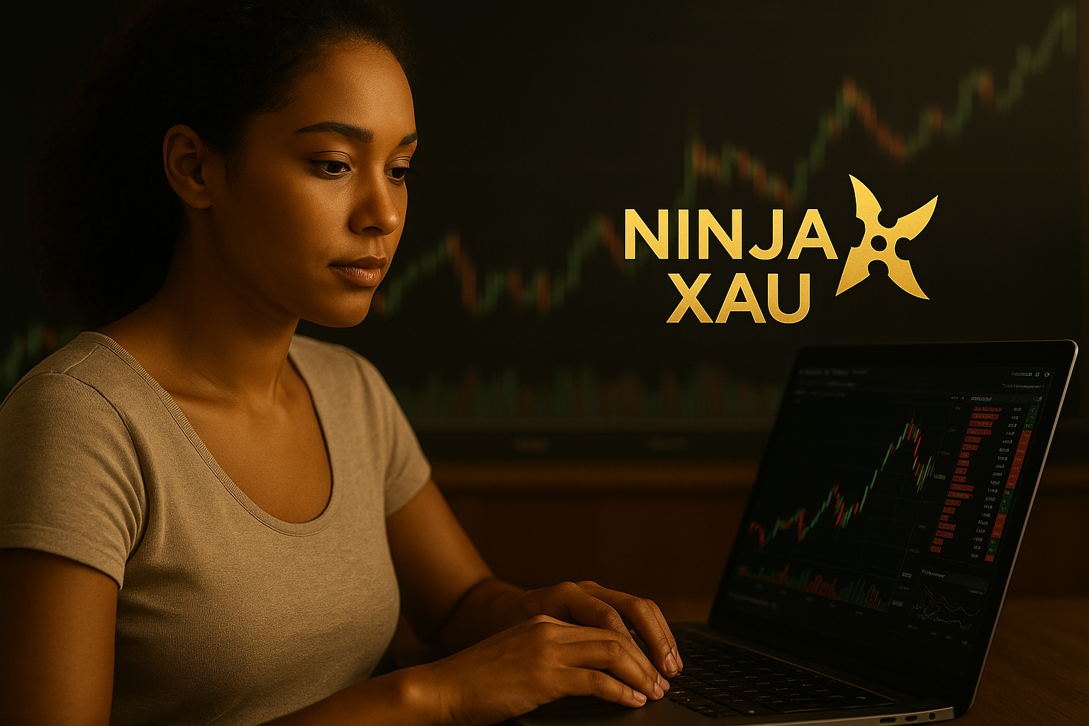 “Trader NinjaTrader XAU/USD – Jeune femme métisse sur fond de graphiques professionnels”