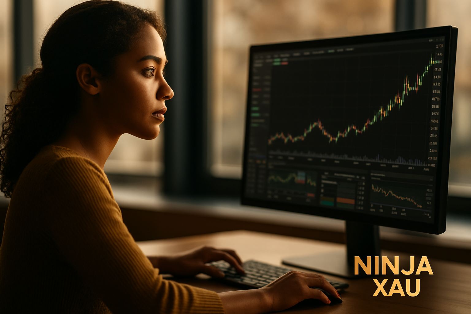 Trader XAU/USD en temps réel – Image Ninja XAU, homme blanc concentré sur graphique